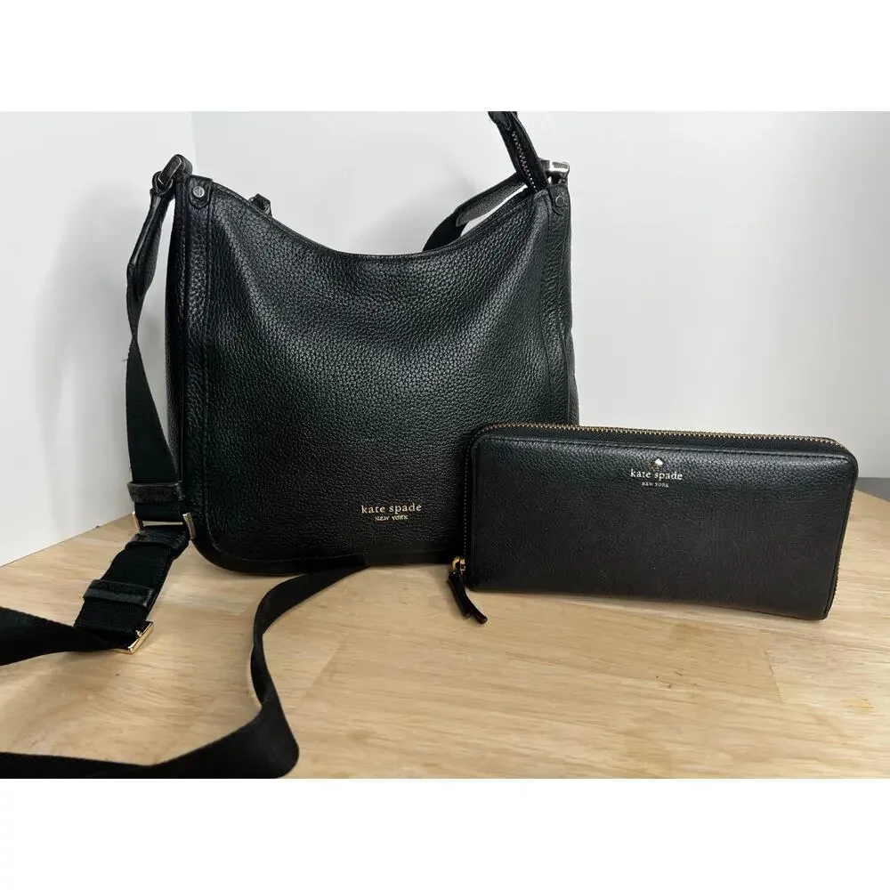 Kate Spade New York Roulette Medium Black Pebbled Messenger Bag and Wallet Set - Picture 1 of 11